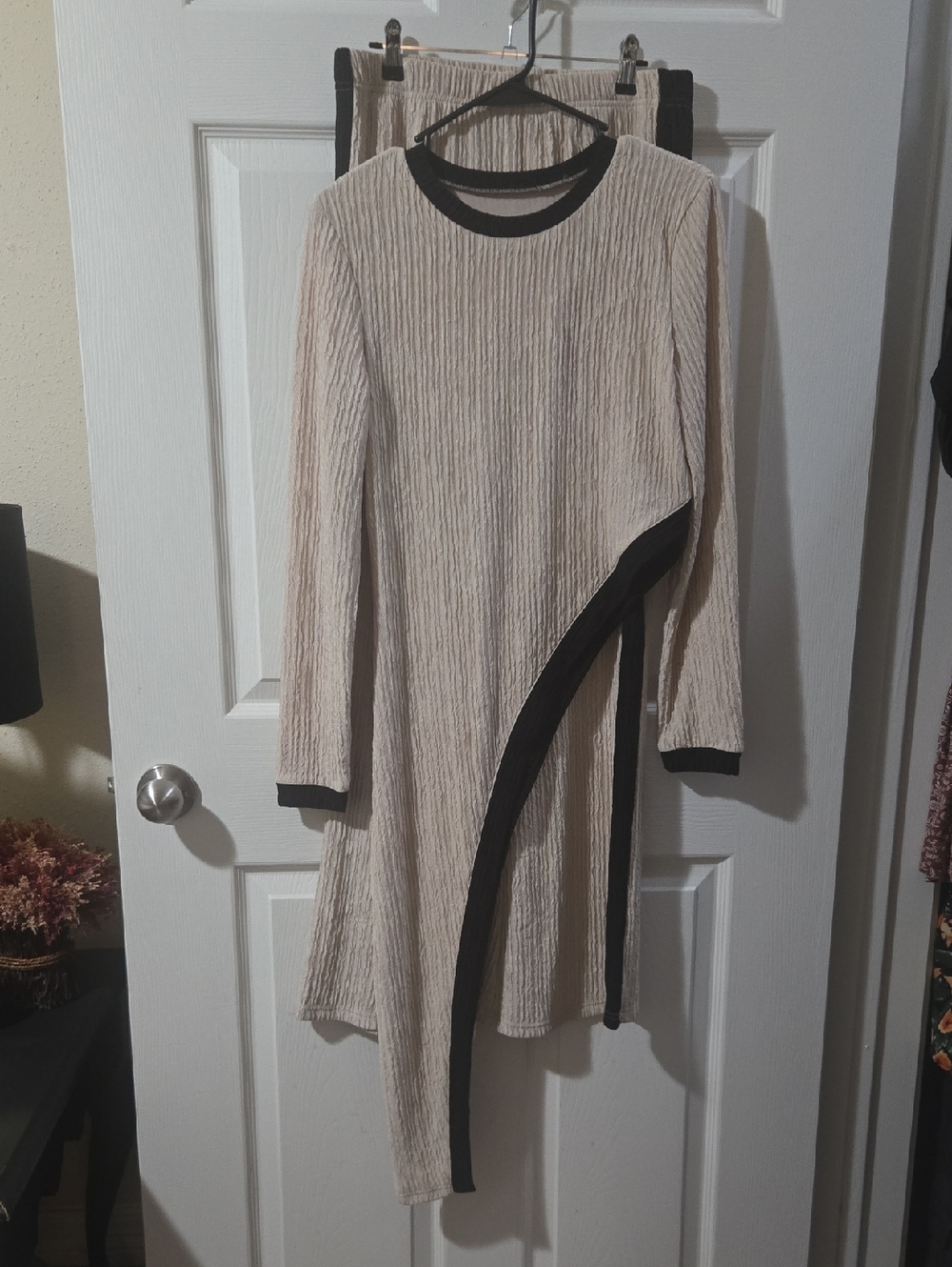 Asymmetric Ribbed Long-Sleeve Tunic Set - Beige with Black Trim